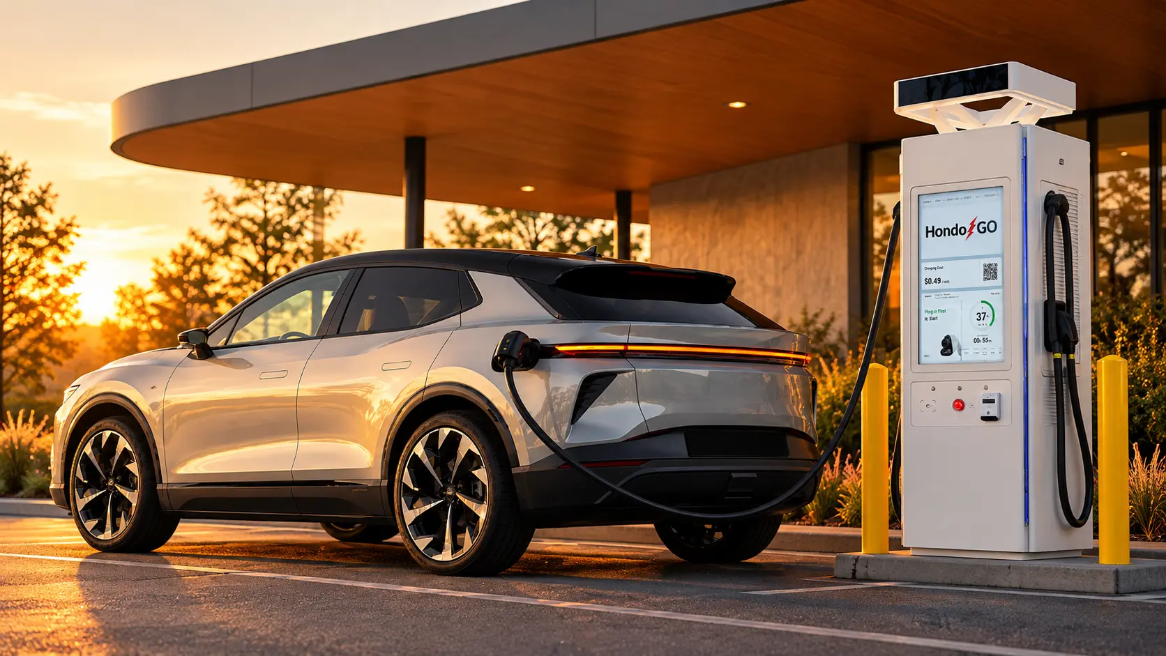 Silver electric SUV charging at a HondoGO station under a canopy