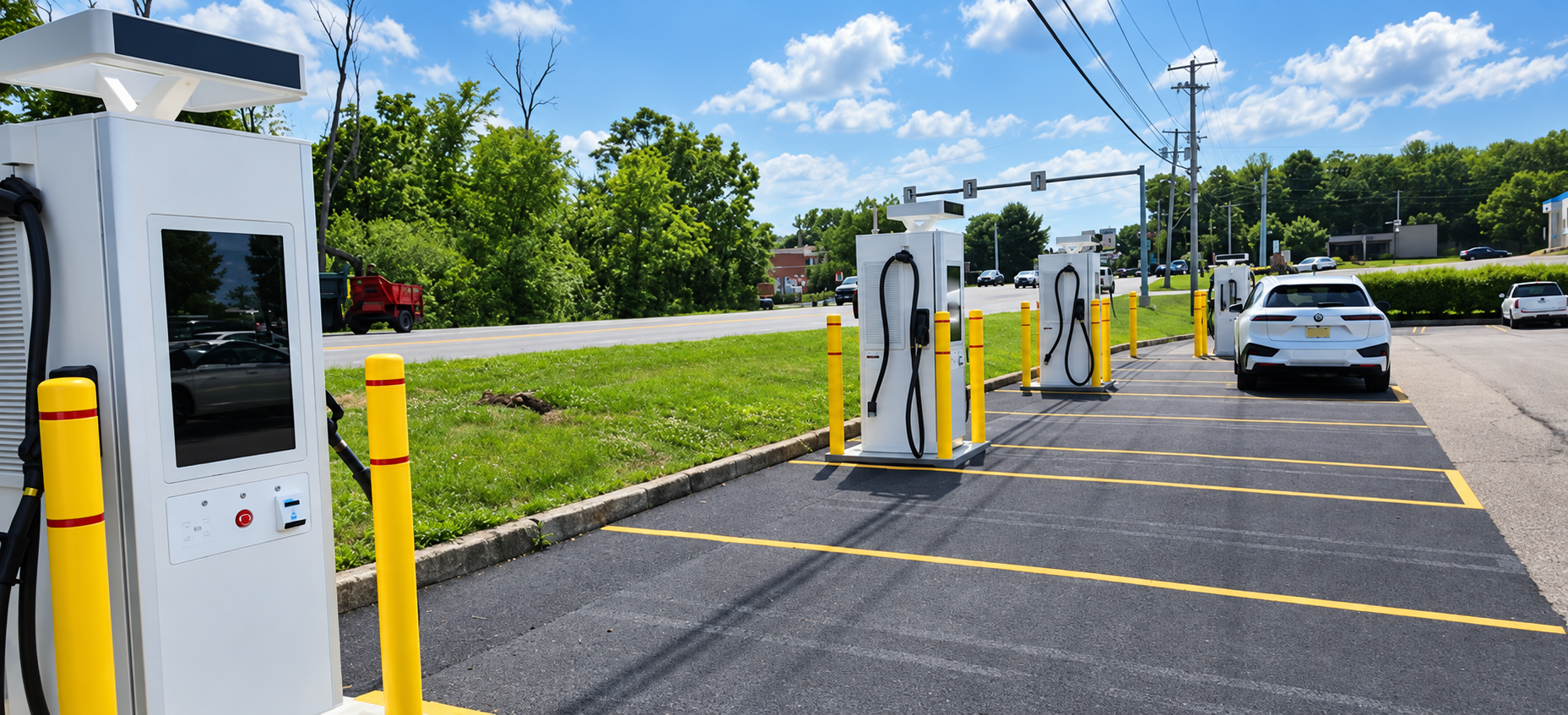 A row of HondoGO fast chargers at a roadside parking lot