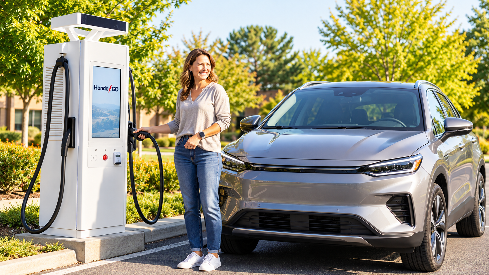 Driver beside a HondoGO charger and a silver electric SUV