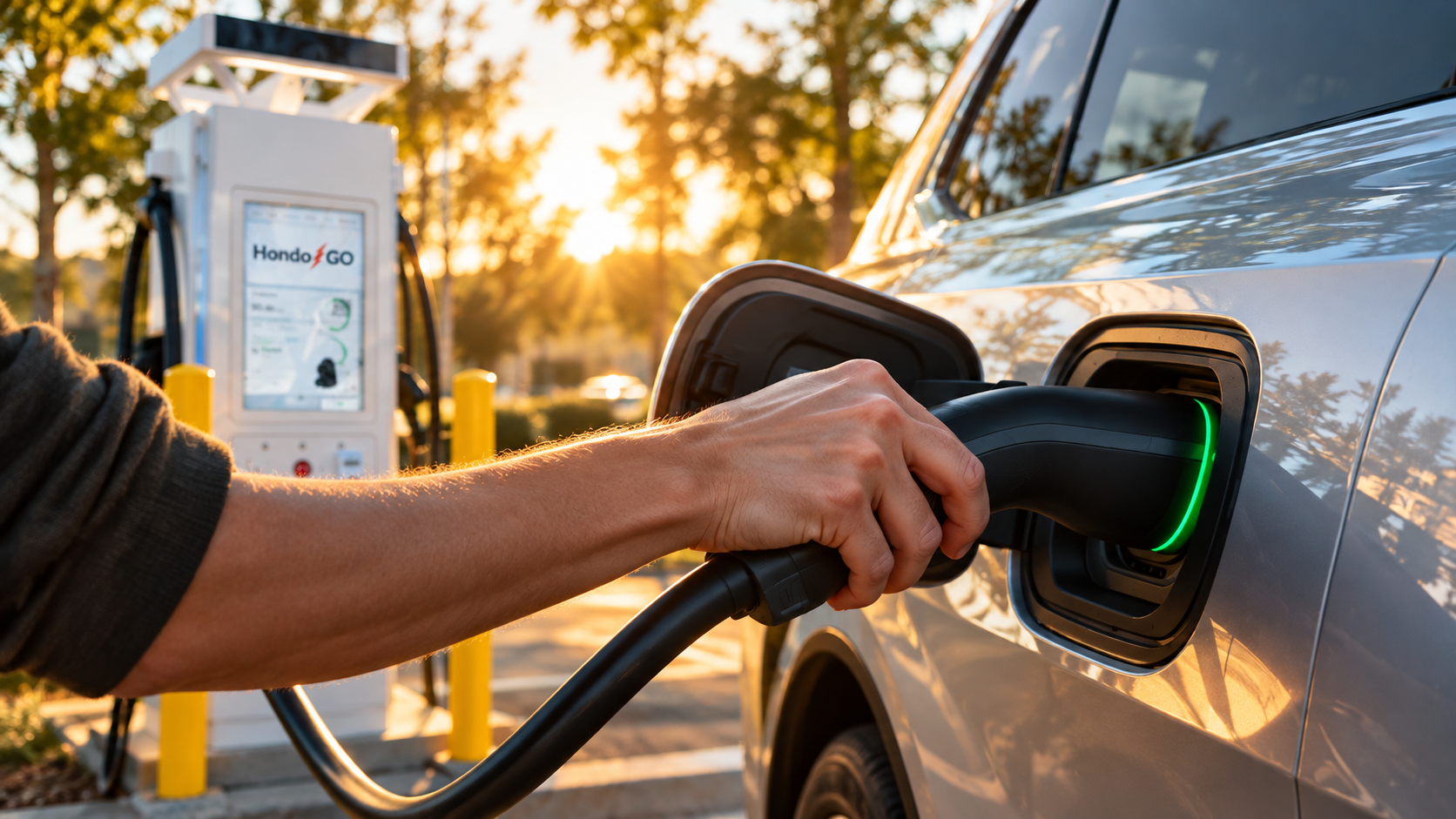 Driver plugging a charging cable into an electric SUV beside a HondoGO charger