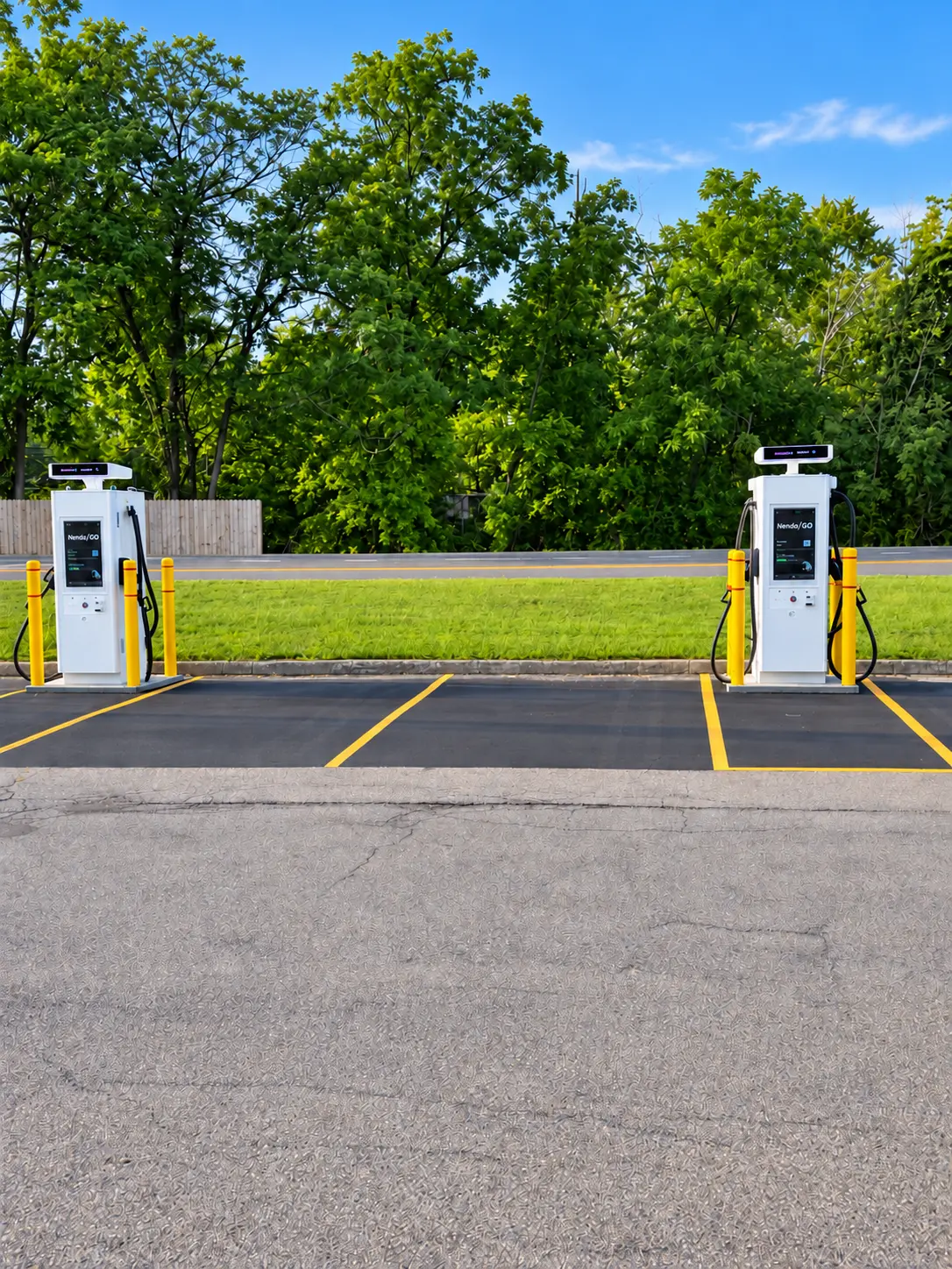 Two HondoGO fast chargers installed along a tree lined roadside parking area