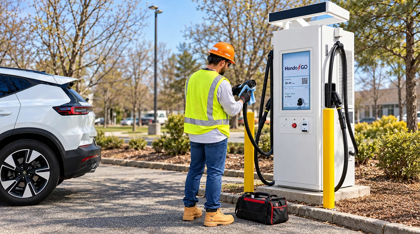 HondoGO technician cleaning a charging connector at a host property