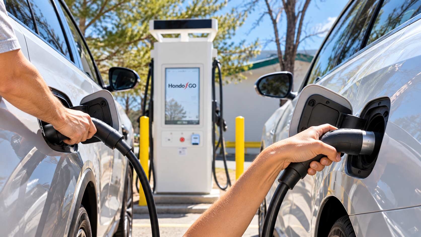 Two electric vehicles connecting to a HondoGO fast charger
