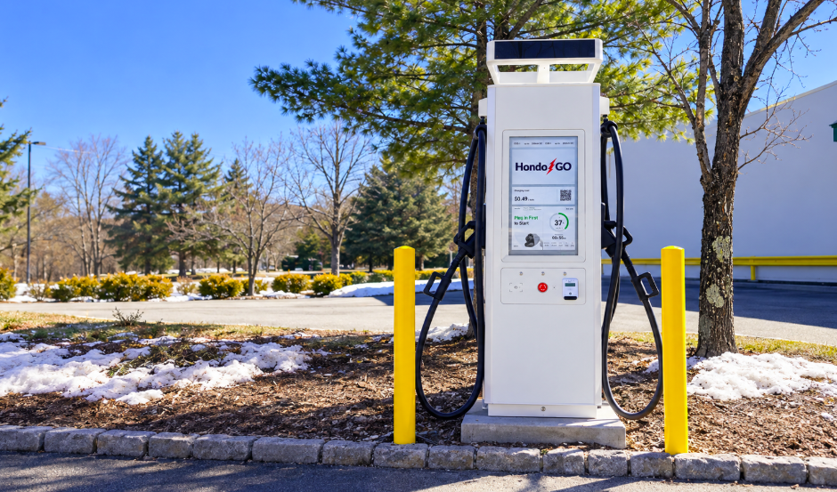 A HondoGO fast charger installed in a landscaped bed at a commercial property
